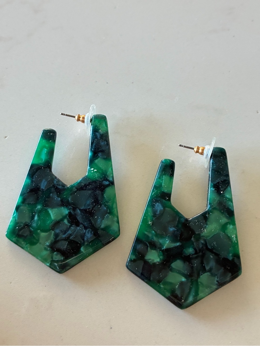 Anthropologie Green Black Marbled Acrylic Geometric Drop Earrings